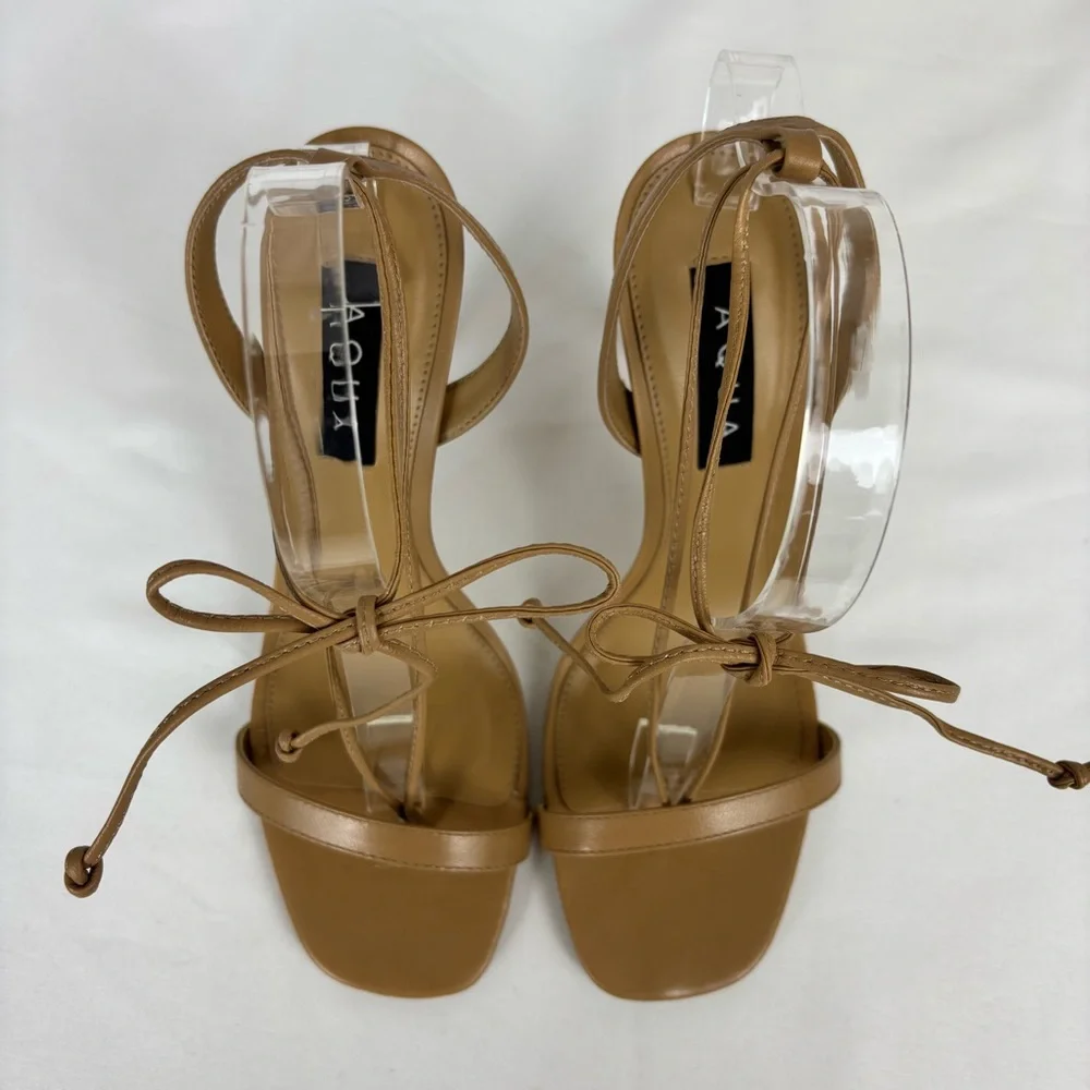 Aqua Stilleto Heels Leather Dressy Slip On Ankle Tie Thong Sandals Beige Size 9 - Picture 7 of 15